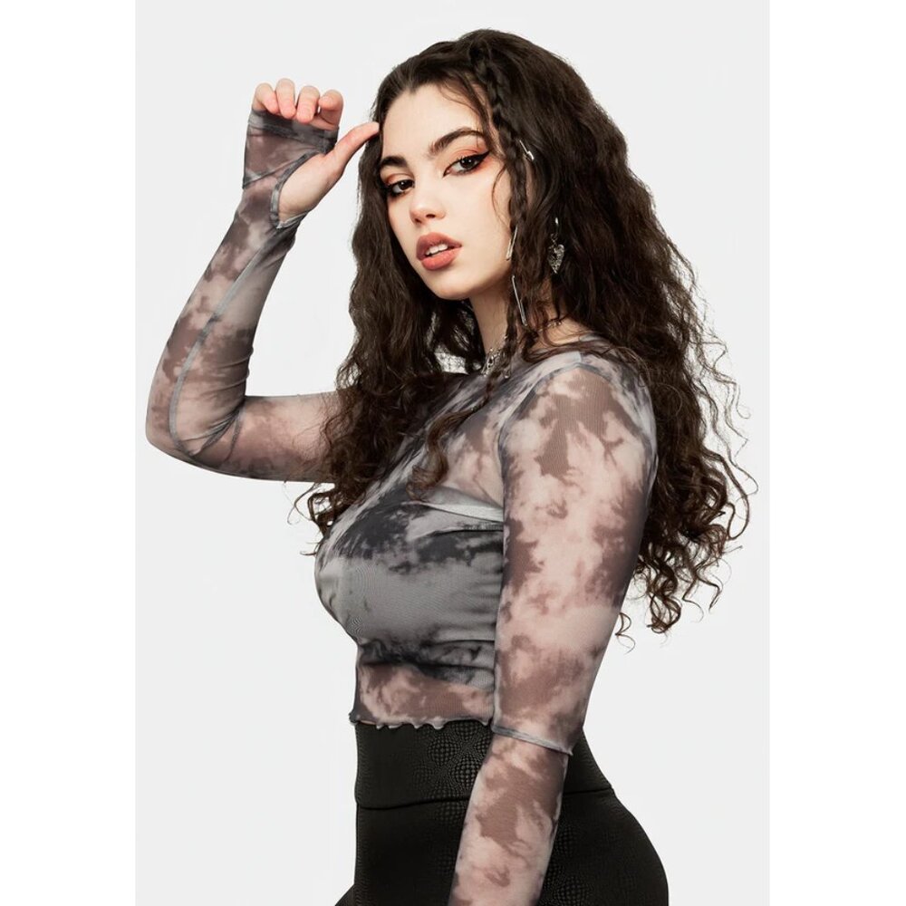 Disturbia Heaven's Mesh Sheer Crop Top with Tie Dye Smoke Pattern